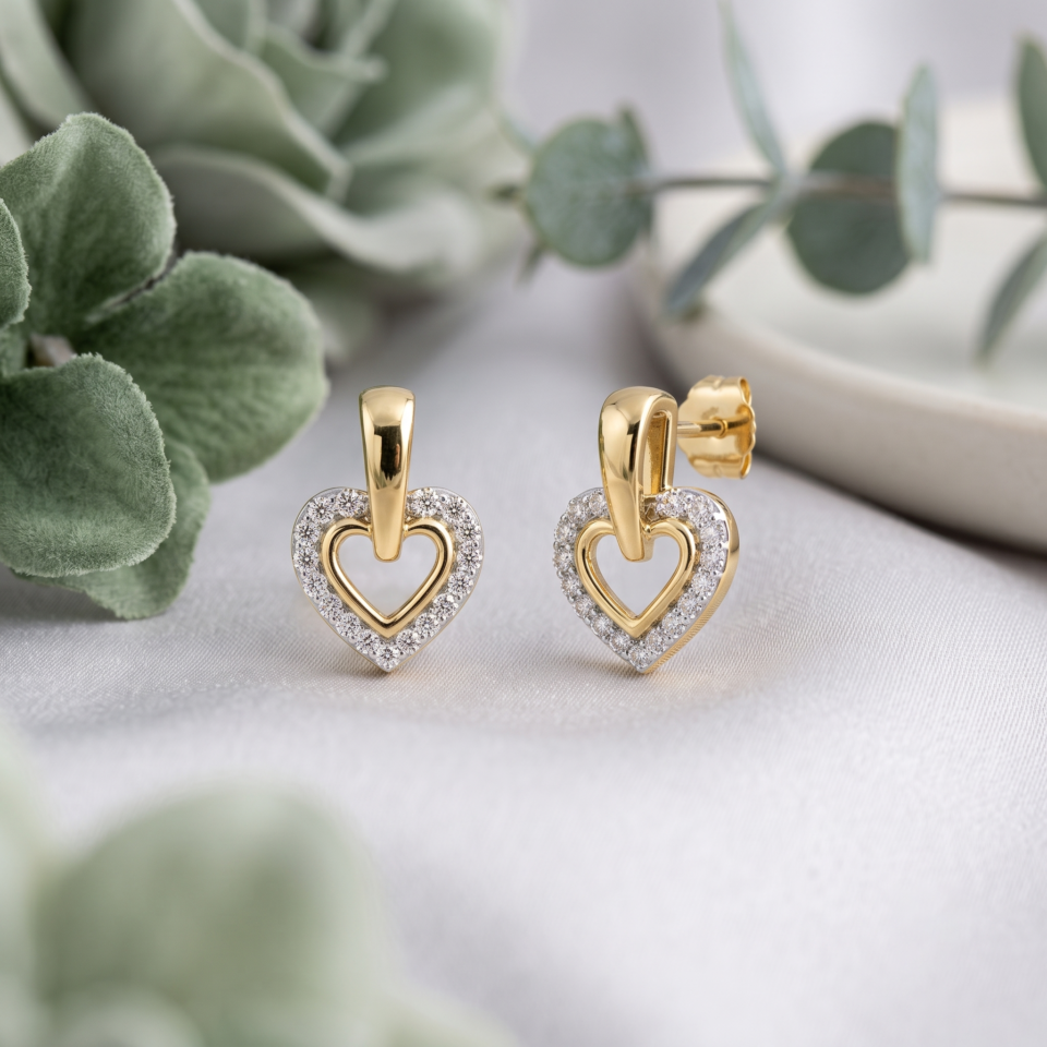 Alessandra Bettini Heart Shape Earrings for Women, 0.15 CTTW Round Cut Diamond