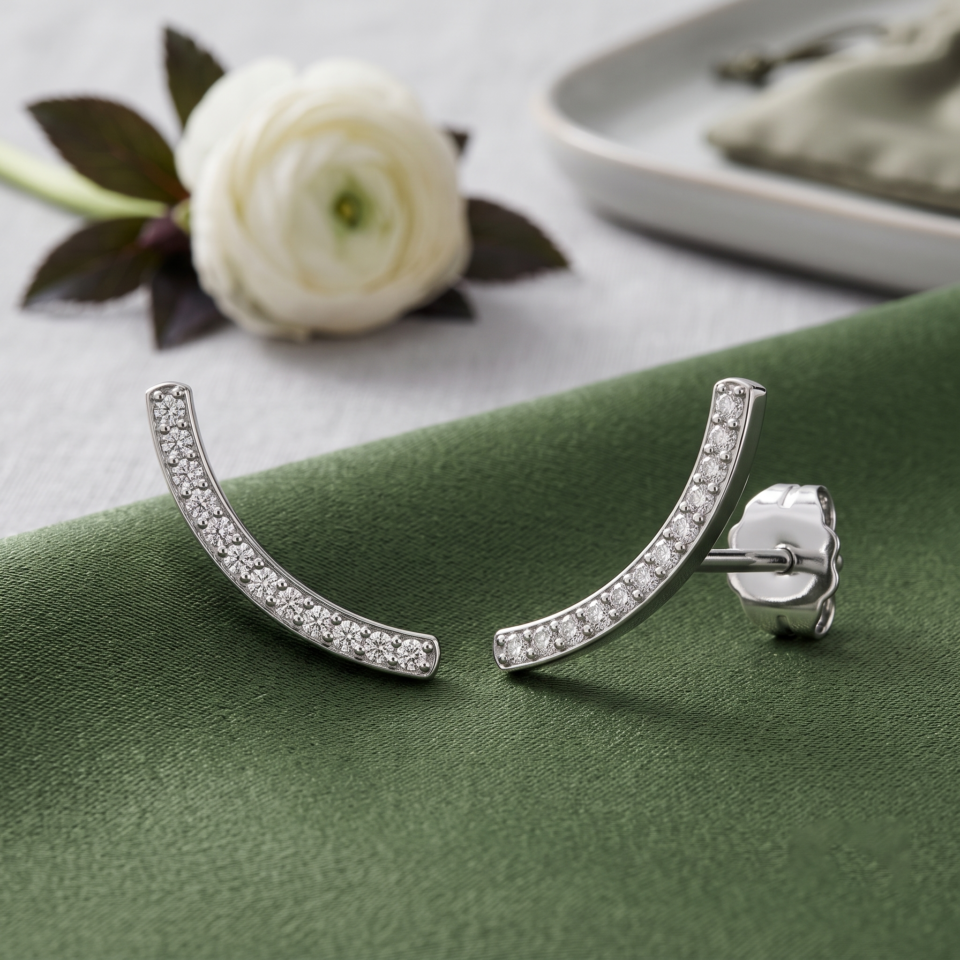 Diamond Curved Earrings, 0.07Ctw Round Natural Diamond Accent Tapered Curve Crawler Stud Earrings in 10K White Gold