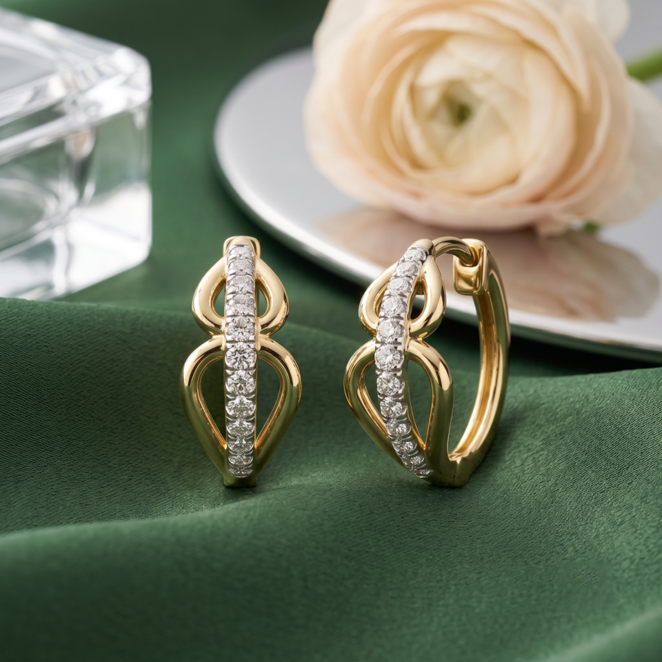 Round Cut Natural Diamond Hoop Earrings, Small Huggie Hoops, 925 Sterling Silver With Yellow Plated