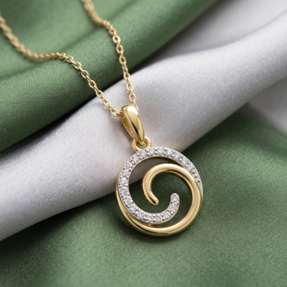 Solid 10K/14K Yellow Gold 1/10 CTTW Round Cut Natural Diamond Swirl Pendant Round Shape Pendant With Chain For Women