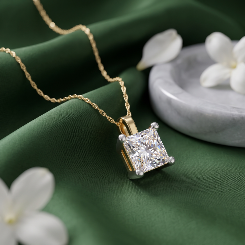 Lab Grown Diamond Solitaire Pendant Necklace, Princess Cut Diamond, 10K White or Yellow Gold, Women's Fine Jewelry Gift