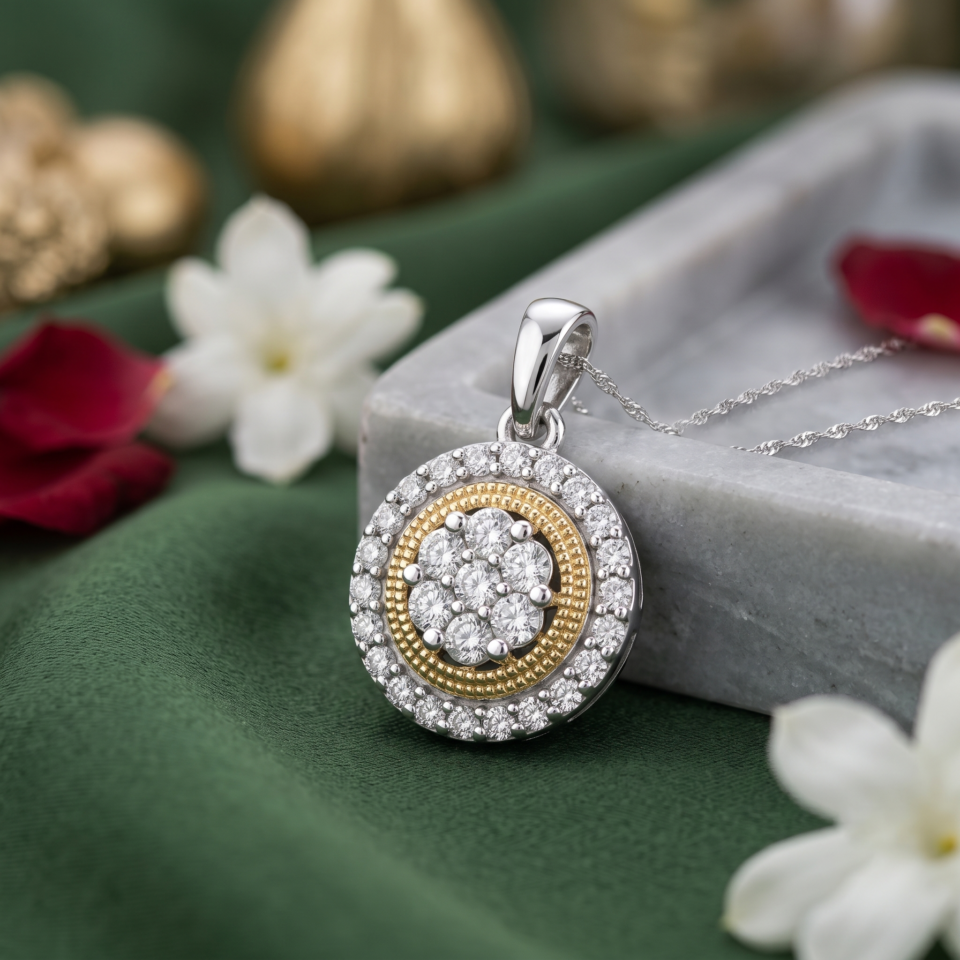 Natural Diamond Women Pendant, 1/3 CTTW Round Cut Diamond 10K & 14K Gold, Cluster Double Frame Pendant