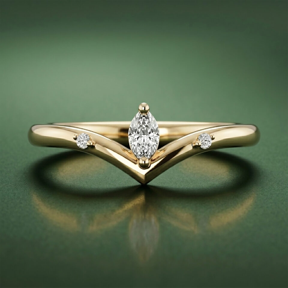Women Marquise Diamond Chevron Ring | 1/8 CT Natural Marquise & Round Diamond Engagement Ring