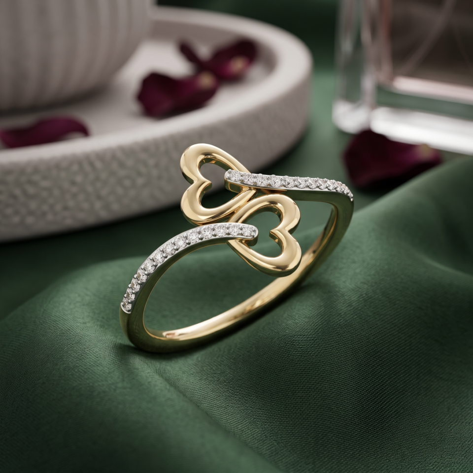 Natural Round Cut Diamond Double Heart Bypass Ring 1/10 CTTW Round Diamond Heart Shape Wedding Ring in 10K & 14K Gold