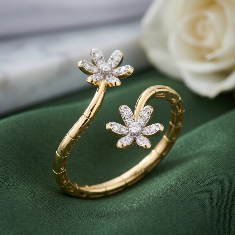 Flexi Ring 14K Solid Gold Mined Diamond Open Wedding Ring, Wedding Guard Ring, Flower Shape Open Ring