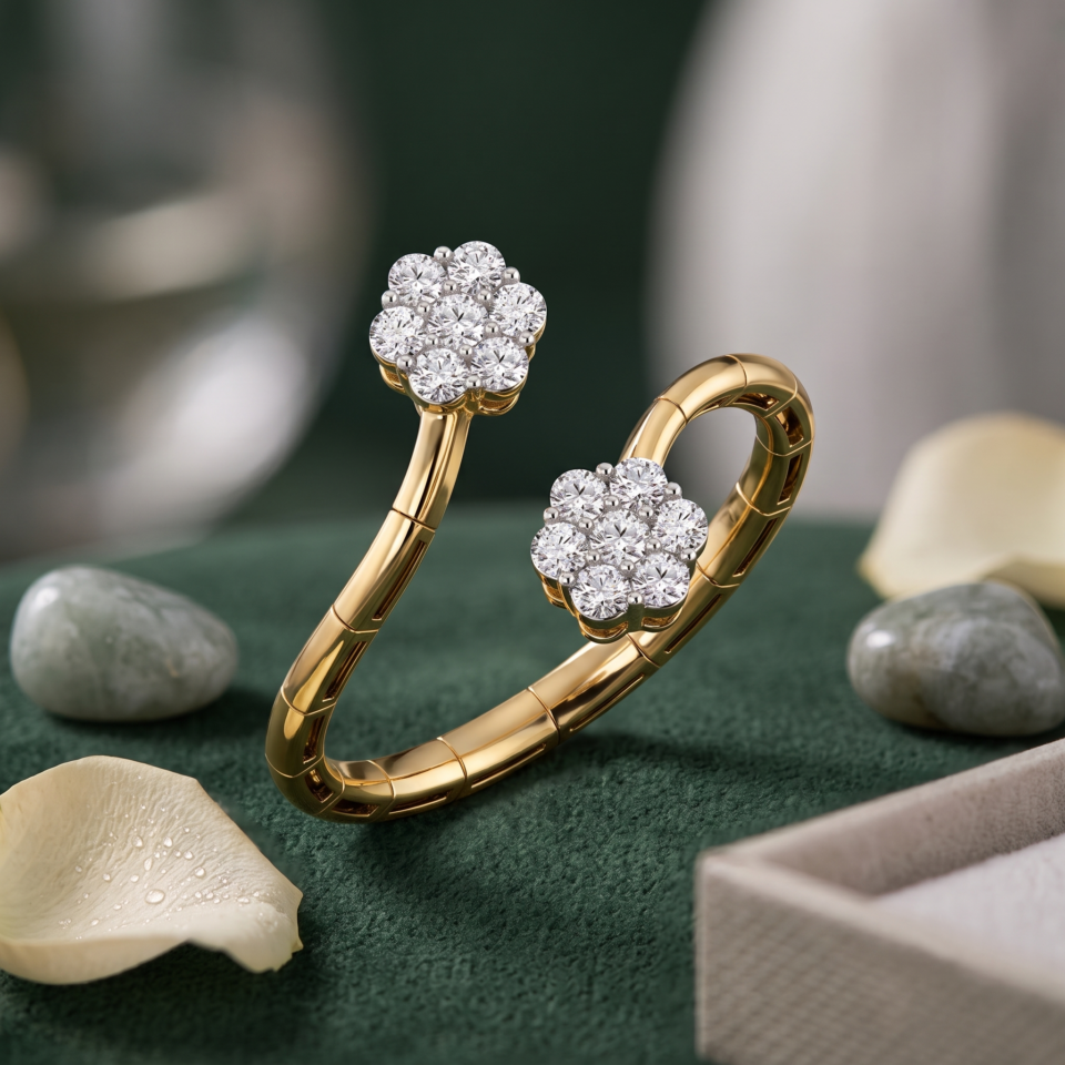 Natural Diamond Women Open Gap Ring, 0.30 CTW Round Cut Diamond 10K & 14K Yellow Gold Bypass Flower Shape Flexi Ring