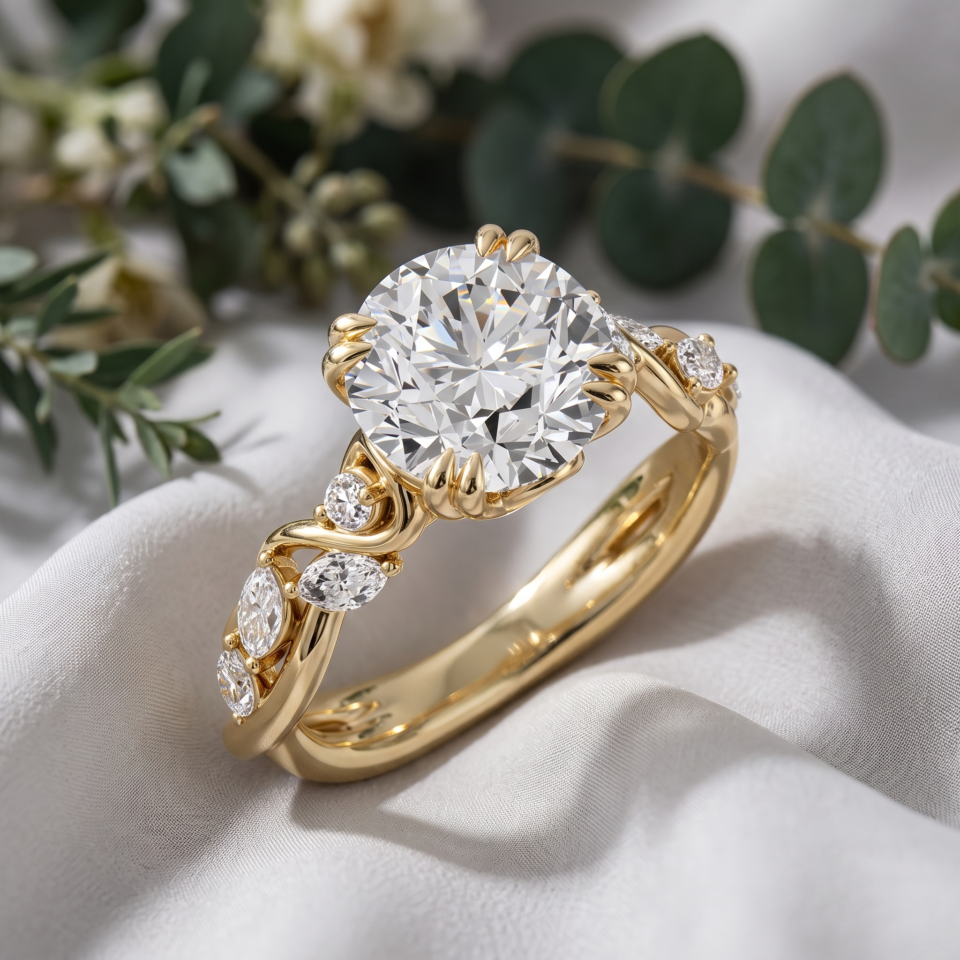 3.50 Cttw Round Cut Lab Grown Diamond Engagement Ring, Leaf style Band 14K 18K Gold, Women Day Special Gift