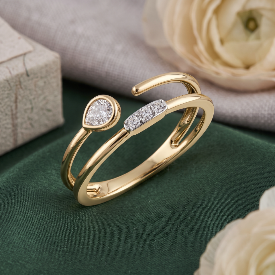 Double Row Ring, 1/7 Cttw Pear & Round Cut Natural Diamond, Stackable Anniversary Ring, 10K & 14K Solid Gold