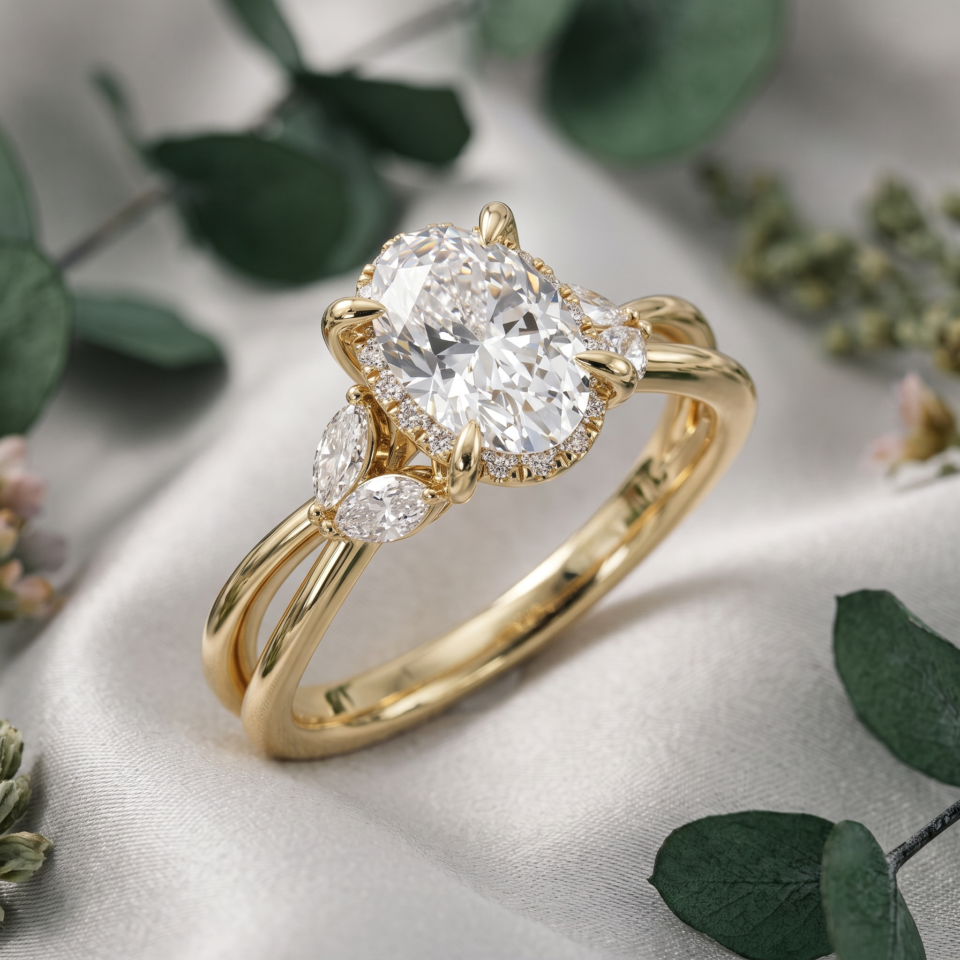 2.00 Cttw Lab Grown Diamond Engagement Ring, Oval Marquise Round E-F/VS Quality Diamond, 14K 18K Solid Gold
