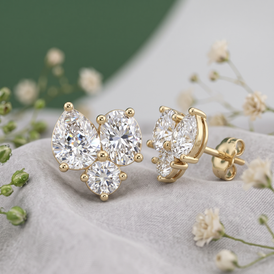 Three Stone Earrings 3/4 CTTW Lab Grown Diamond – Oval, Pear, Round Cut – Solid 10k 14k Gold – Dainty Stud Earrings